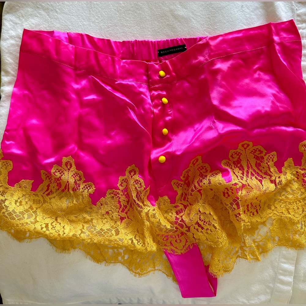 Rosamosario 100% Silk Shorts Hot Pink Italian Silk and Yellow French Lace Unique